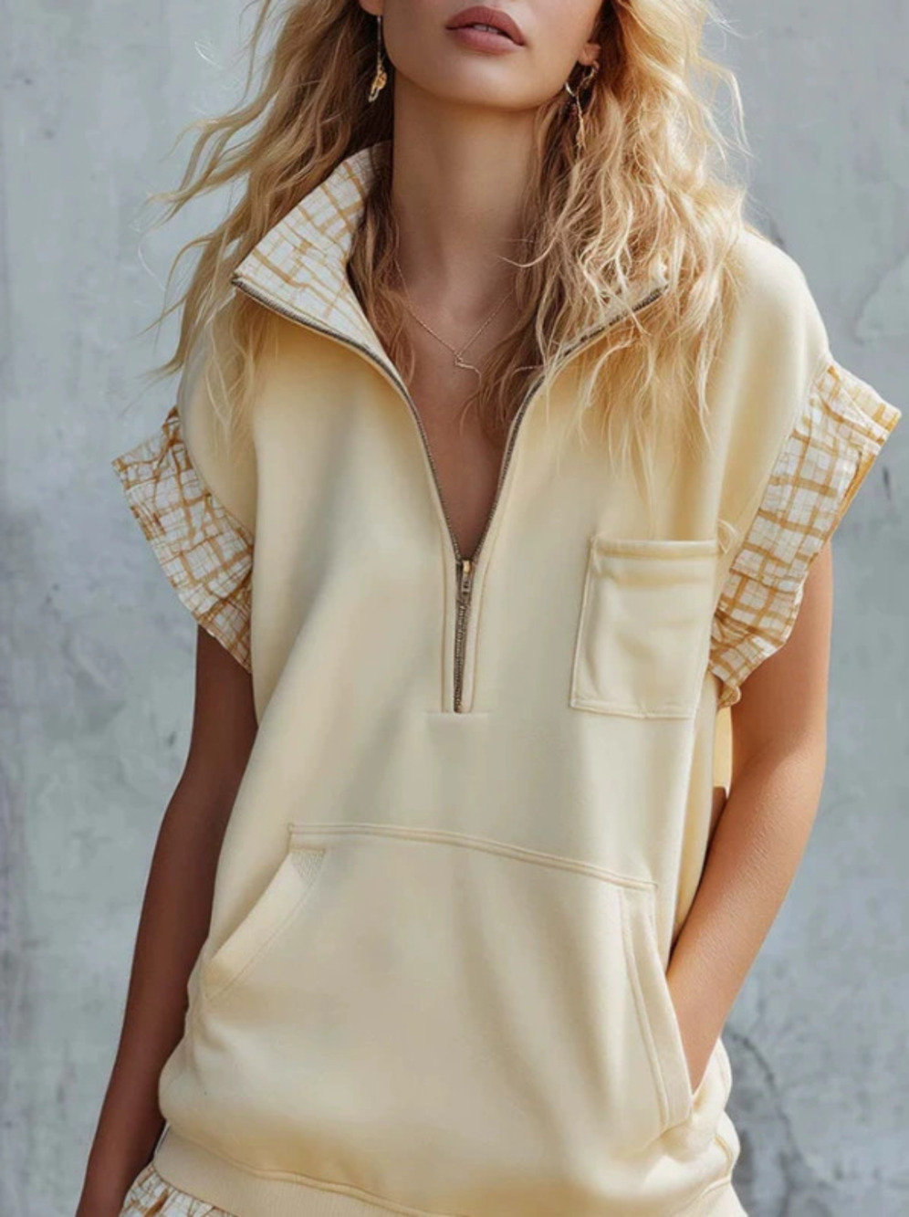H&M  Plaid Patchwork Half Zip Sleeveless Sweatshirt Mini Dress